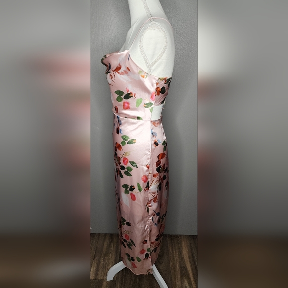 SHEIN Floral Draped Crisscross Tie Back Satin Cami Dress. Size: Small - Picture 5 of 12